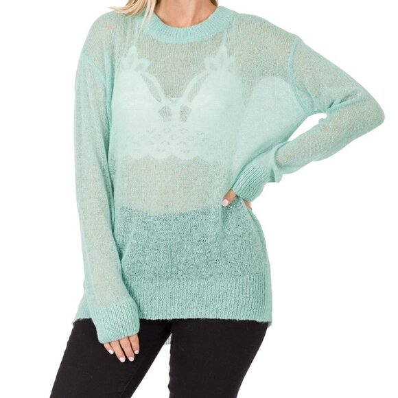 Ultra Fine Round Neck Wool Sweater - Seafoam - Picture 1 of 9